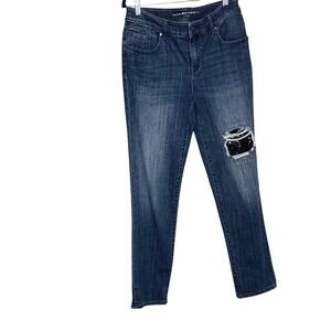 Chicos Platinum Boyfriend Jeans Dark Wash Sequin Distressed Denim Pants Size 00